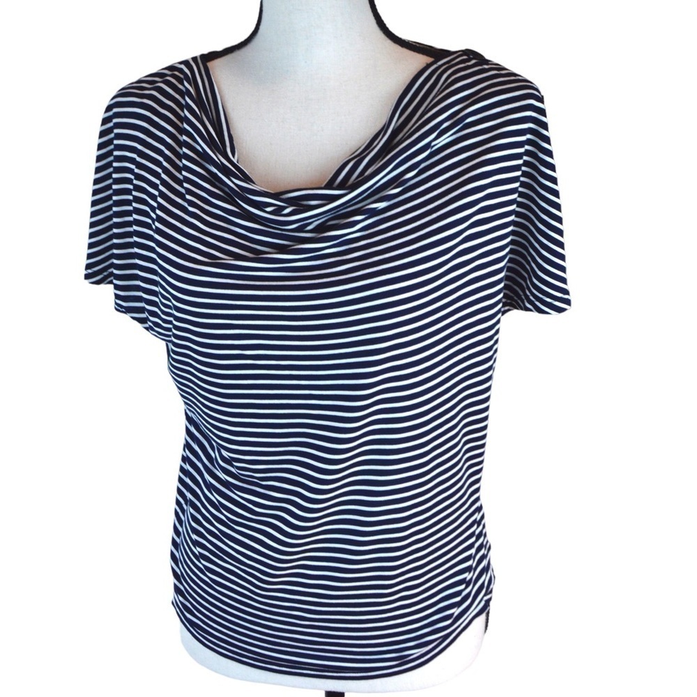 Talbots Petites Deep Navy & White Striped Drape Neck Button Shoulder Top, Small